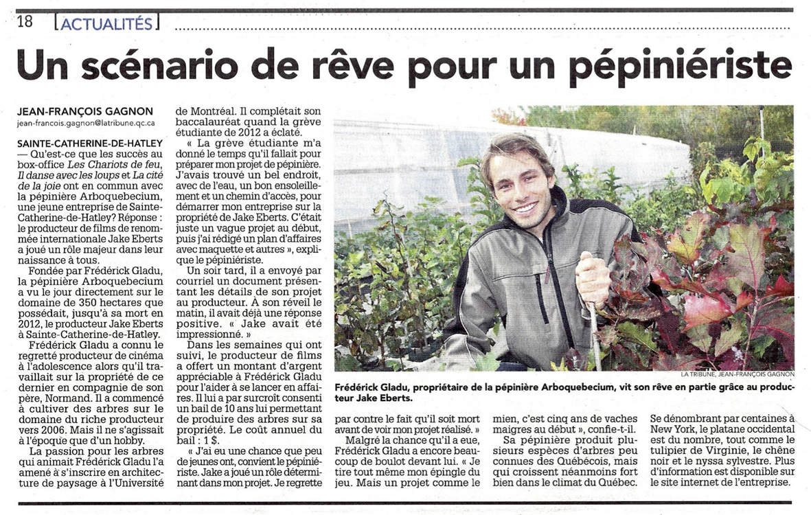 Article sur Arboquebecium paru dans La Tribune de Sherbrooke, le 22 octobre 2014